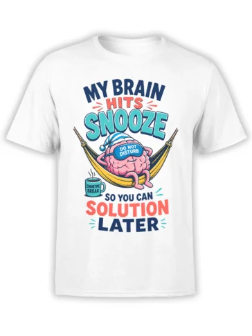 Funny white brain t-shirt with a hammock, coffee mug, sleep mask, and colorful procrastination slogan