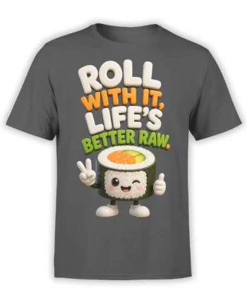 Gray sushi t-shirt with a cheerful sushi roll, colorful “Roll With It” lettering, peace sign, and thumbs-up