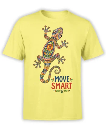 Colorful patterned frog with floral details and “MOVE SMART” text on a yellow T-shirt