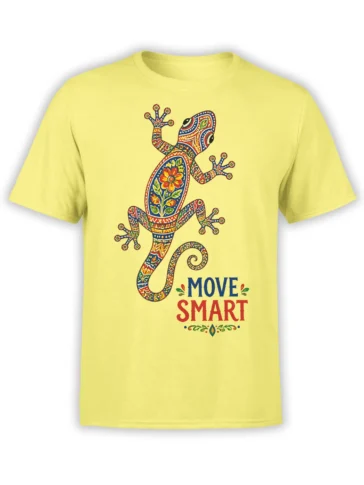 Colorful patterned frog with floral details and “MOVE SMART” text on a yellow T-shirt