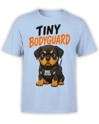 Rottweiler puppy bodyguard graphic with tactical vest and radio on a light blue T-shirt