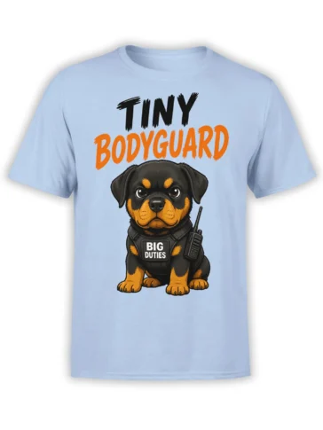 Rottweiler puppy bodyguard graphic with tactical vest and radio on a light blue T-shirt
