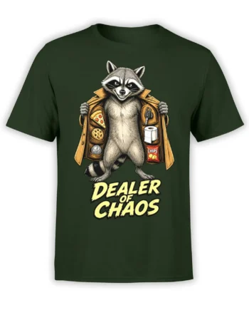 Dark green raccoon T-shirt with a coat full of snacks and “Dealer of Chaos” graphic