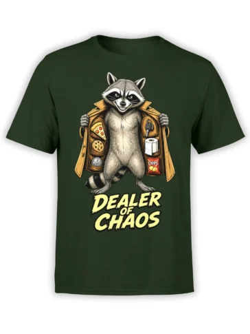 Dark green raccoon T-shirt with a coat full of snacks and “Dealer of Chaos” graphic
