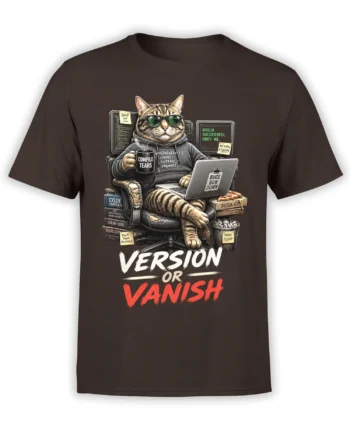 Tabby cat programmer in sunglasses with laptop, coffee, code screens, and Version or Vanish text on a brown shirt