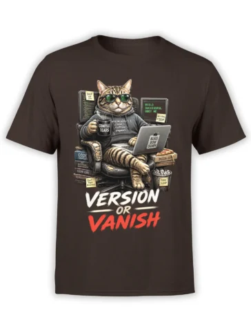 Tabby cat programmer in sunglasses with laptop, coffee, code screens, and Version or Vanish text on a brown shirt