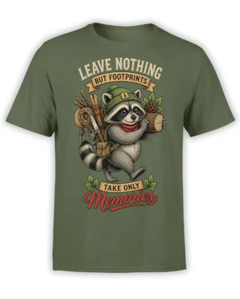 Green T-shirt with a vintage raccoon carrying outdoor gear and a log beneath a leave-no-trace message