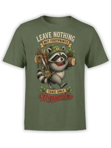Green T-shirt with a vintage raccoon carrying outdoor gear and a log beneath a leave-no-trace message