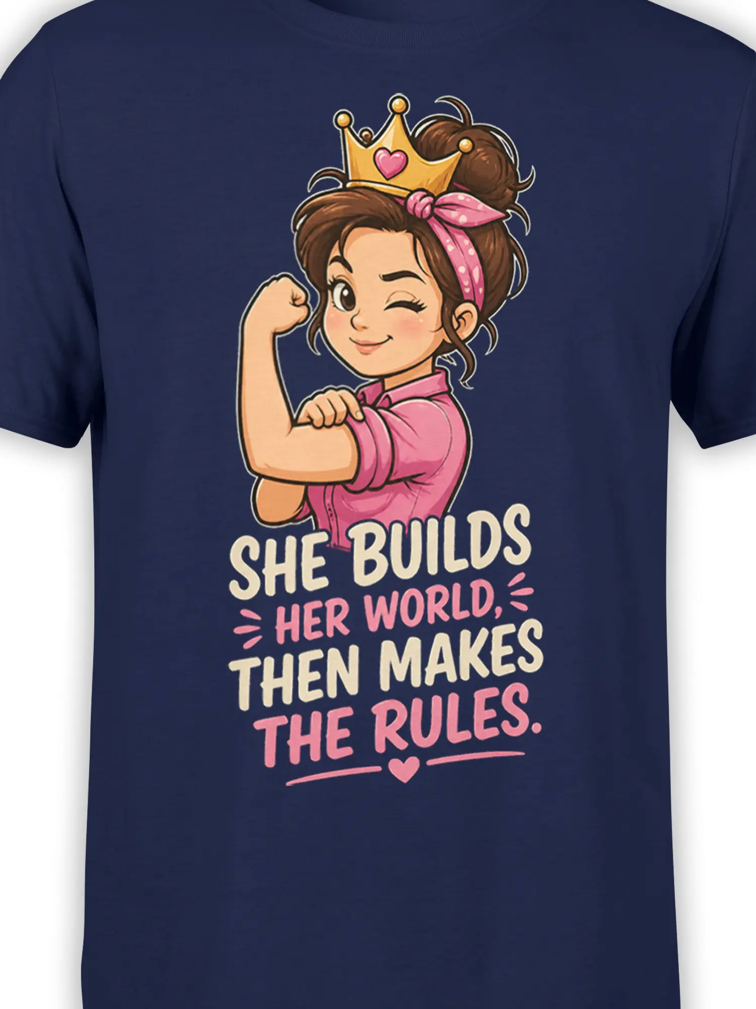 Close-up of crowned flexing woman and empowerment quote printed on a navy graphic T-shirt