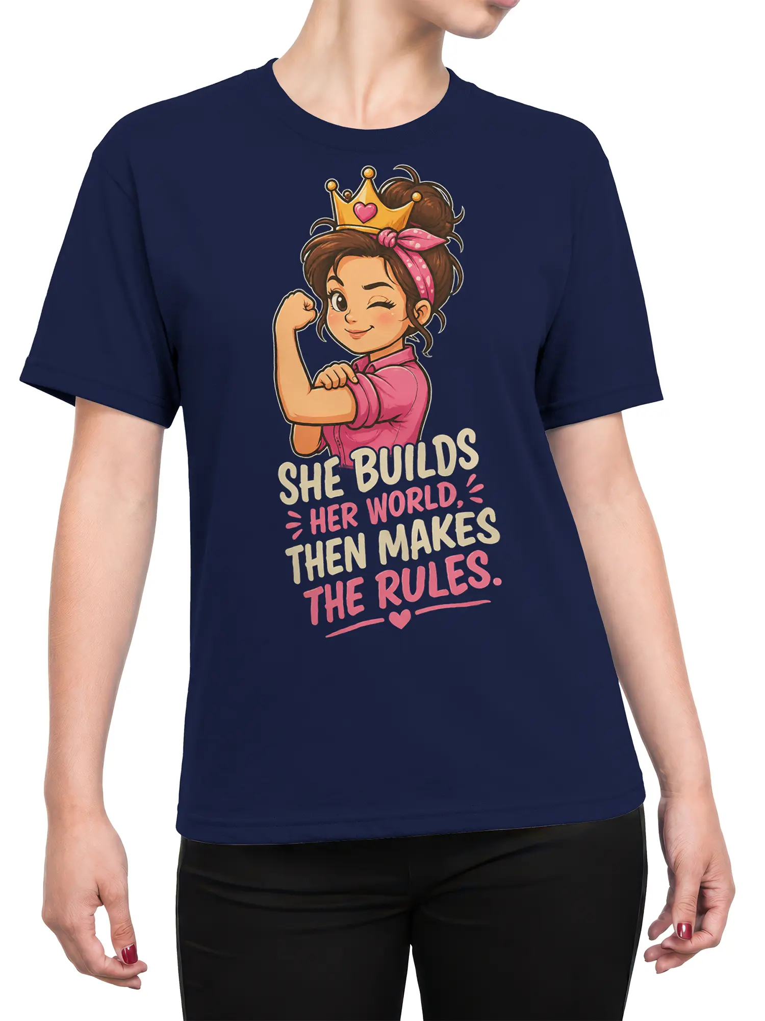 Female torso wearing a navy T-shirt with a crowned woman and confident empowerment quote