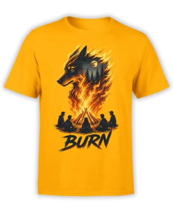 Yellow T-shirt with a fiery wolf, moonlit forest, campfire scene, and bold BURN lettering