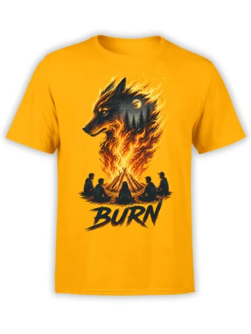 Yellow T-shirt with a fiery wolf, moonlit forest, campfire scene, and bold BURN lettering