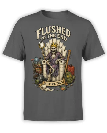 Crowned skeleton on a toilet paper throne with “Flushed to the End” lettering on a gray T-shirt