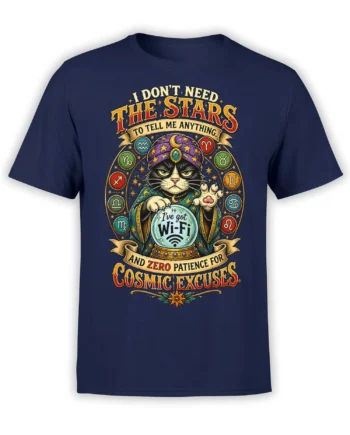 Sarcastic cosmic cat astrology graphic with zodiac symbols and crystal ball on a navy T-shirt