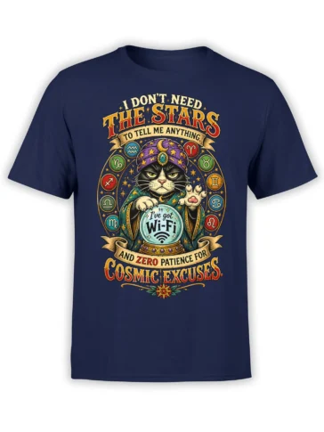 Sarcastic cosmic cat astrology graphic with zodiac symbols and crystal ball on a navy T-shirt