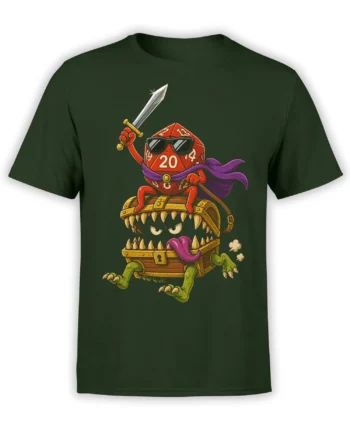 Dark green T-shirt with a red twenty-sided die warrior, sword, cape, and toothy treasure chest monster