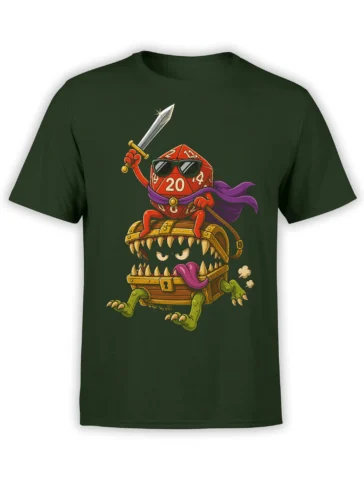 Dark green T-shirt with a red twenty-sided die warrior, sword, cape, and toothy treasure chest monster