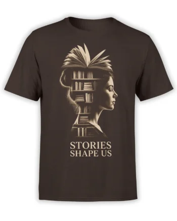 Brown book lover T-shirt with a sepia woman's profile made from books and “Stories Shape Us” text