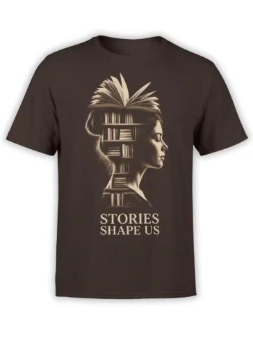 Brown book lover T-shirt with a sepia woman's profile made from books and “Stories Shape Us” text