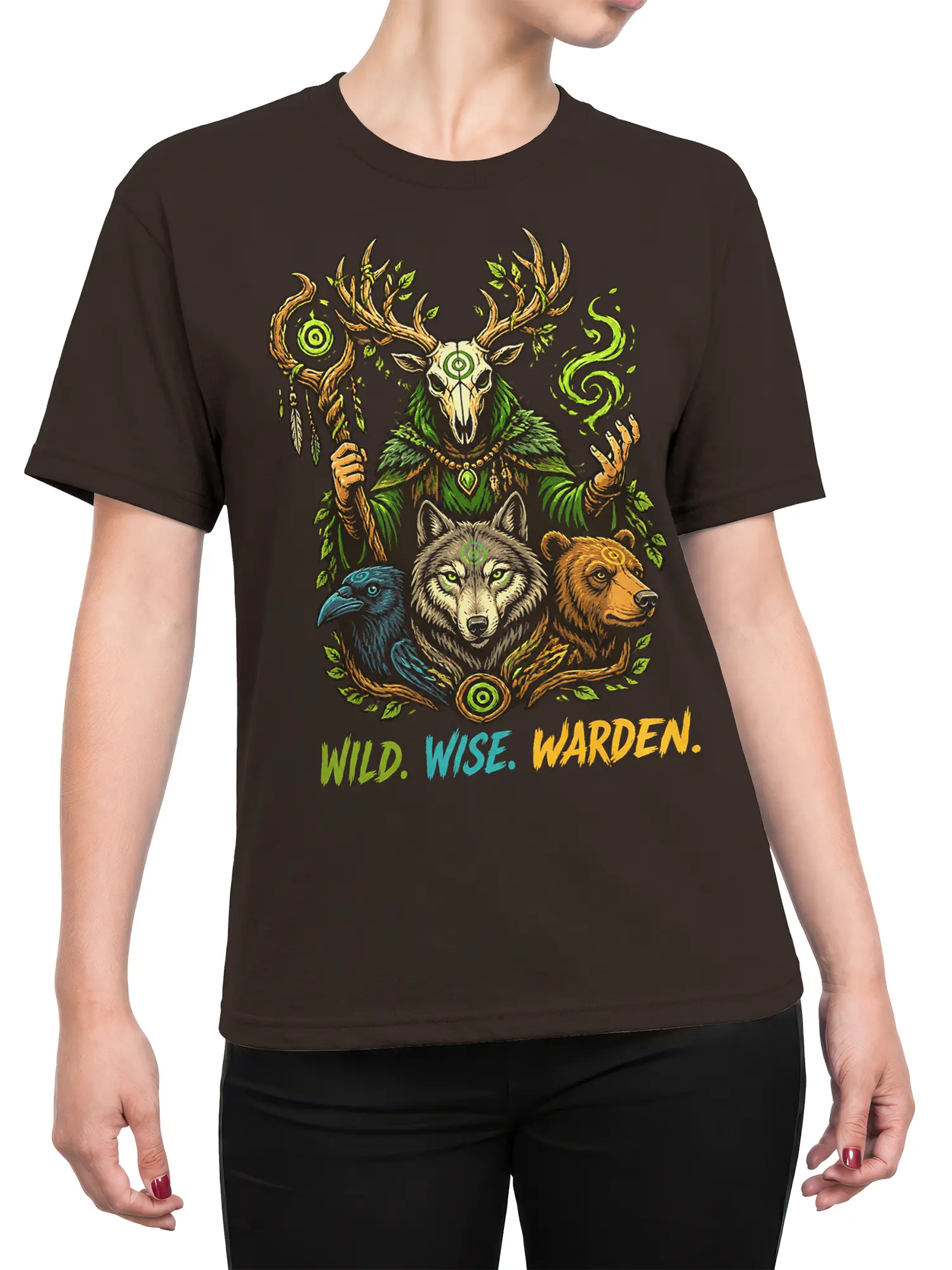 Female torso wearing a brown fantasy animal shirt with a deer skull guardian, wolf, raven, bear, and colorful Warden lettering