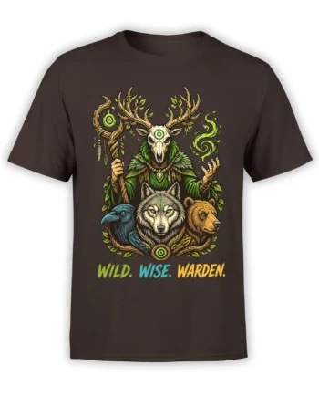 Brown fantasy animal t-shirt with a deer skull guardian, wolf, raven, bear, and WILD. WISE. WARDEN. text