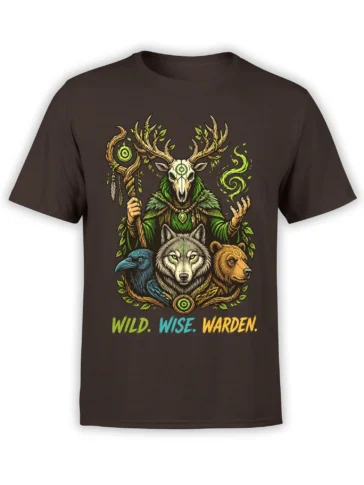 Brown fantasy animal t-shirt with a deer skull guardian, wolf, raven, bear, and WILD. WISE. WARDEN. text