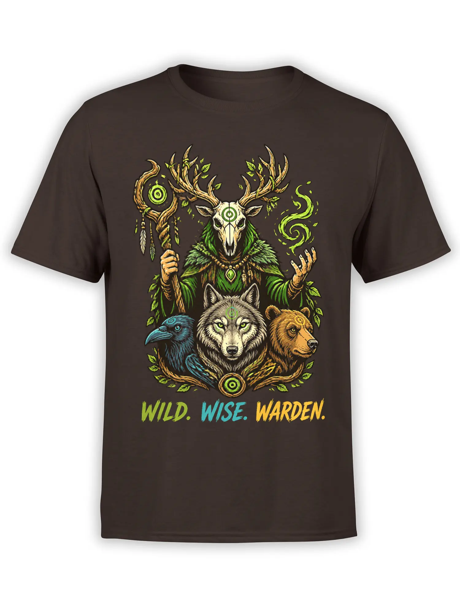 Brown fantasy animal t-shirt with a deer skull guardian, wolf, raven, bear, and WILD. WISE. WARDEN. text