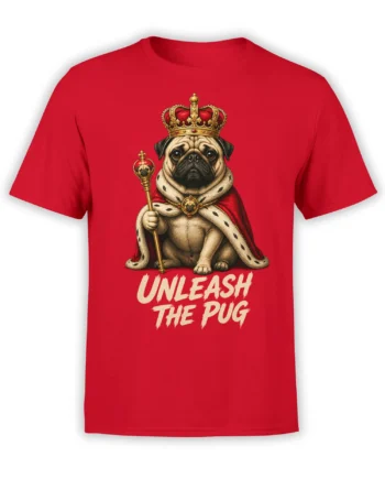 Royal pug wearing a crown and cape on a red dog graphic T-shirt with “Unleash the Pug” text
