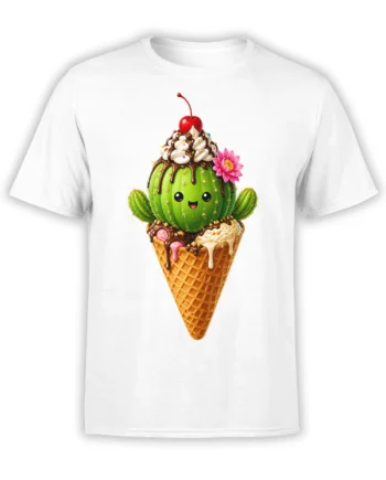 White T-shirt featuring a cute green cactus in an ice cream cone with whipped cream, cherry, and pink flower