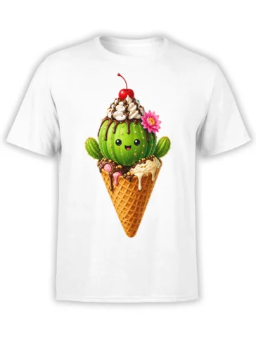 White T-shirt featuring a cute green cactus in an ice cream cone with whipped cream, cherry, and pink flower