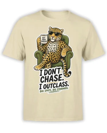 Beige leopard t-shirt with sunglasses, coffee mug, green armchair, and bold sarcastic lettering