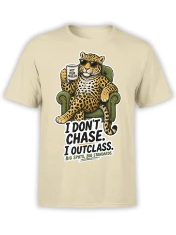 Beige leopard t-shirt with sunglasses, coffee mug, green armchair, and bold sarcastic lettering