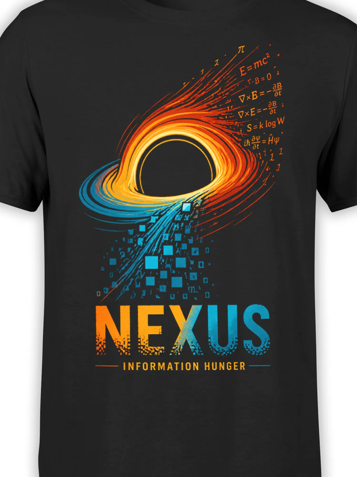 Close-up of orange and blue cosmic ring with physics equations on a black science graphic T-shirt