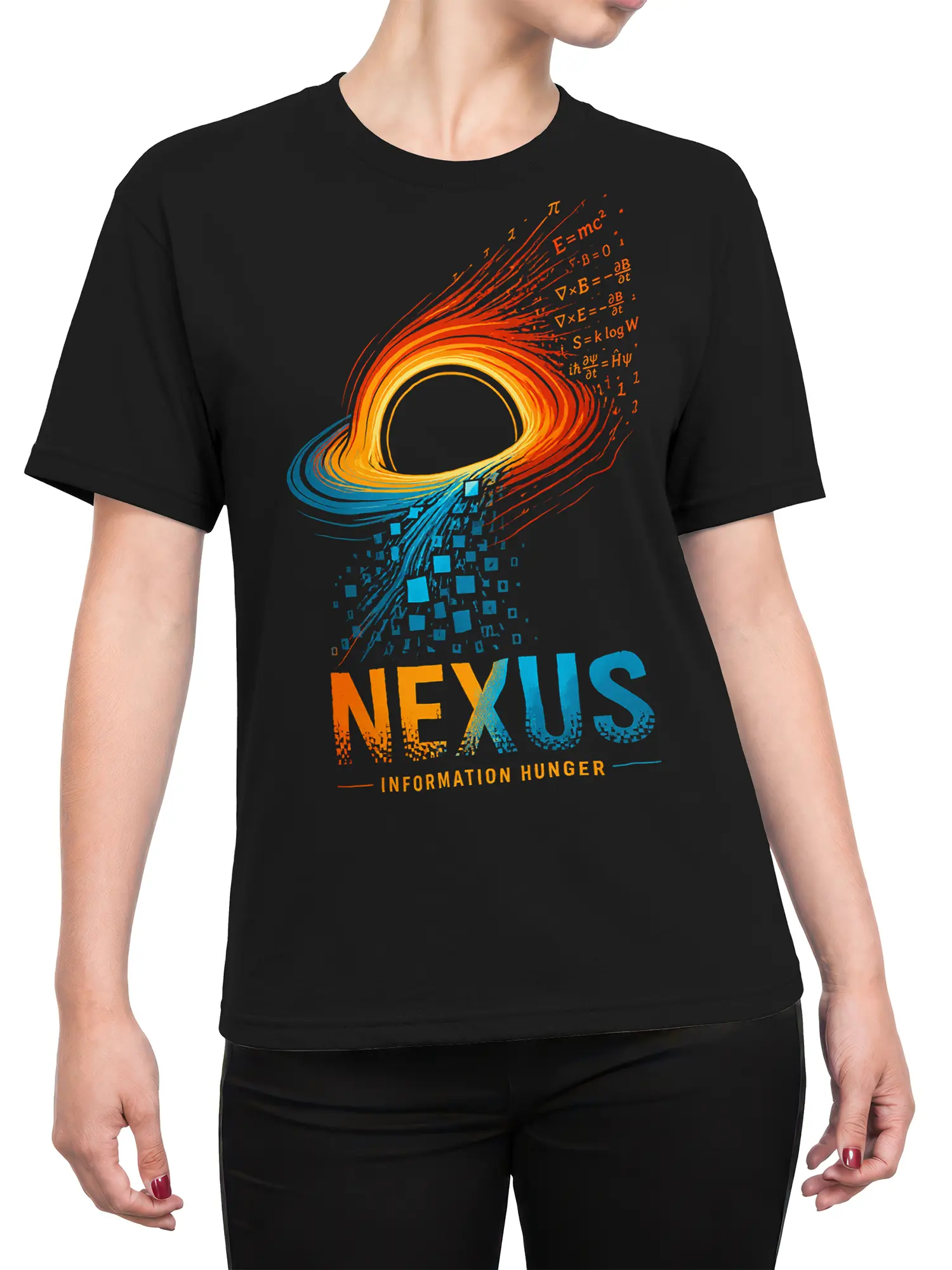 Female torso wearing a black science T-shirt with colorful cosmic ring artwork and NEXUS information hunger text