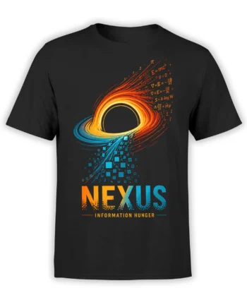 Black science T-shirt with an orange-blue cosmic ring, physics equations, and bold NEXUS information hunger lettering