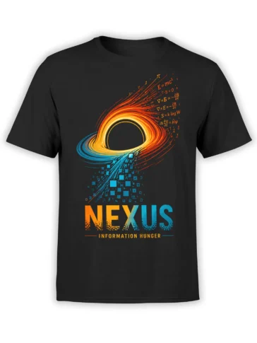 Black science T-shirt with an orange-blue cosmic ring, physics equations, and bold NEXUS information hunger lettering