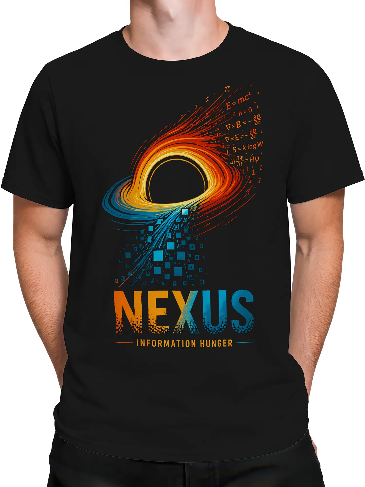 Male torso wearing a black science T-shirt with orange-blue cosmic artwork and mathematical equations