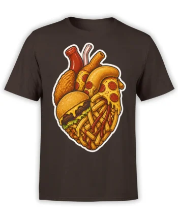 Colorful food feast graphic with pizza, burger, fries, sauces, and drinks on a dark brown T-shirt