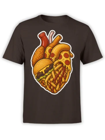 Colorful food feast graphic with pizza, burger, fries, sauces, and drinks on a dark brown T-shirt