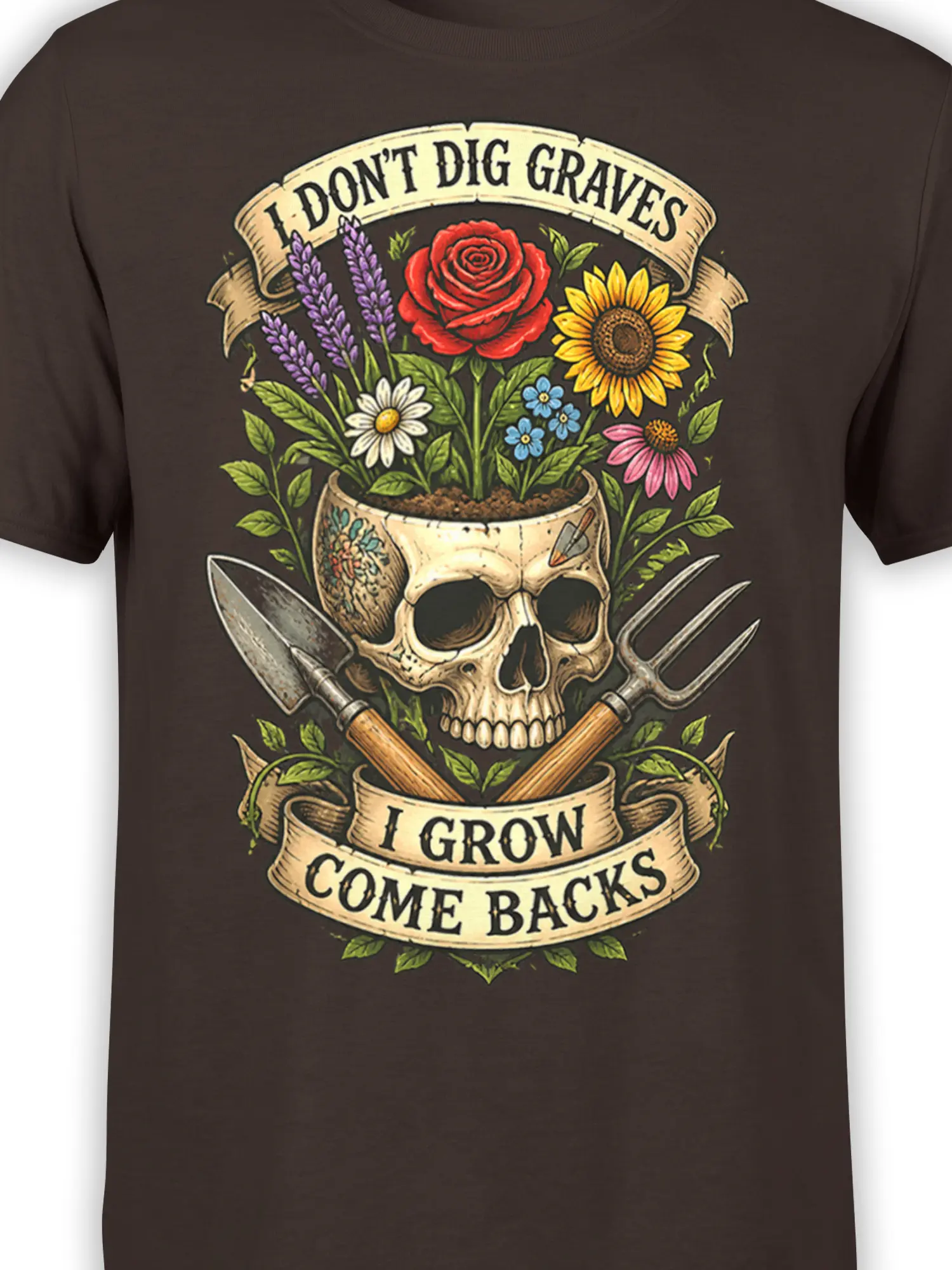 Close-up of skull planter gardening artwork with flowers, tools, and “I Grow Comebacks” text on brown fabric