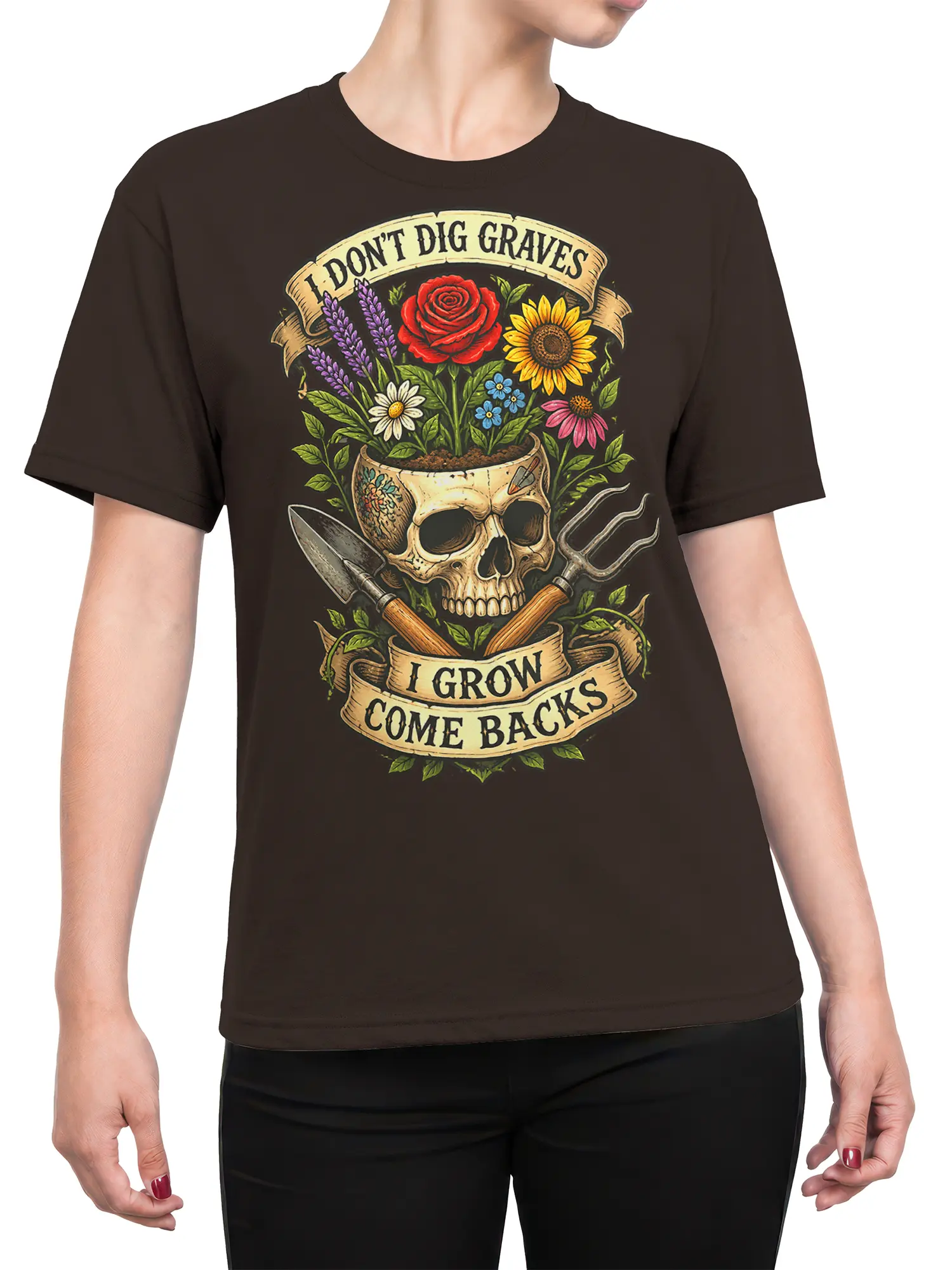 Female torso wearing a brown gardening T-shirt with a skull planter, flowers, tools, and dark comeback humor