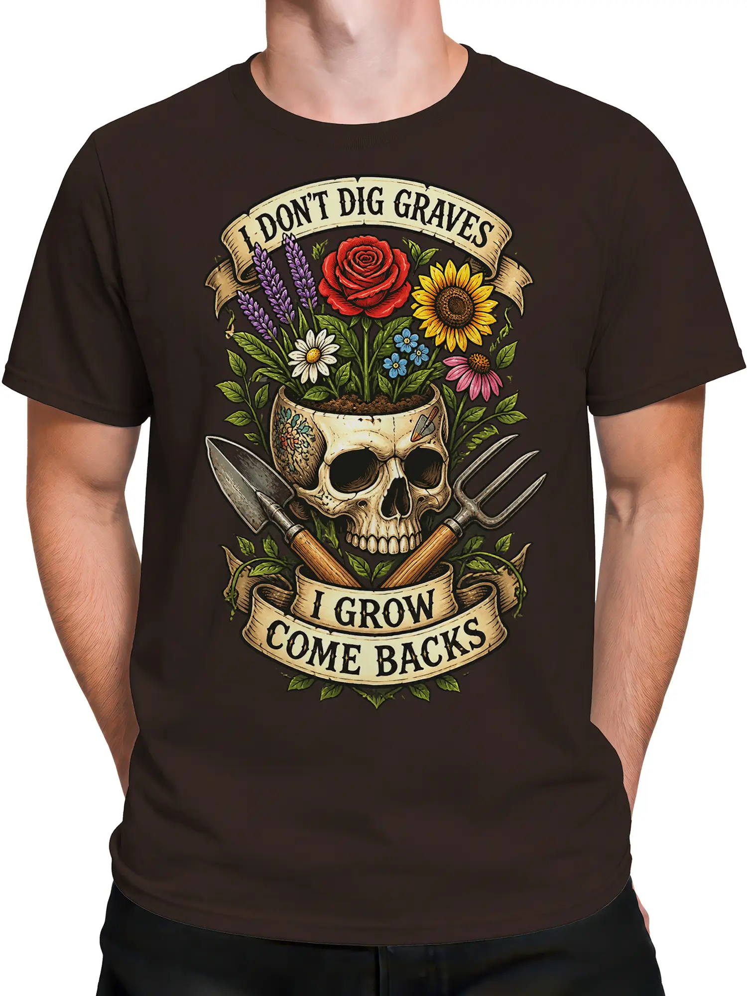 Male torso wearing a brown gardening T-shirt with a floral skull planter and crossed garden tools
