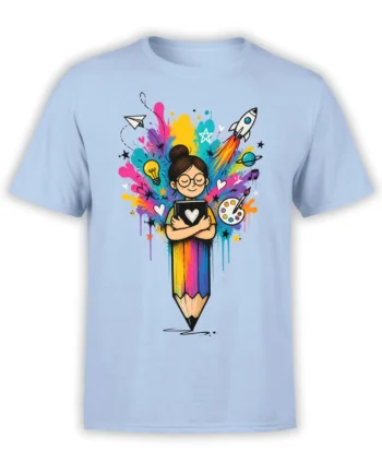 Light blue artist T-shirt with a creative girl holding a sketchbook on a colorful giant pencil