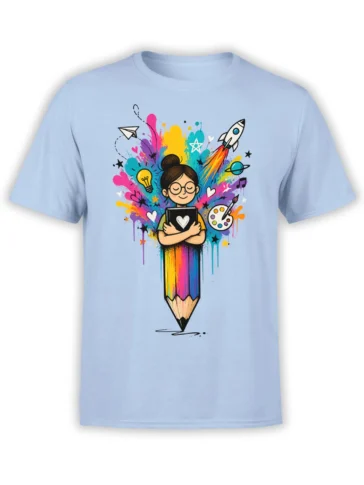 Light blue artist T-shirt with a creative girl holding a sketchbook on a colorful giant pencil