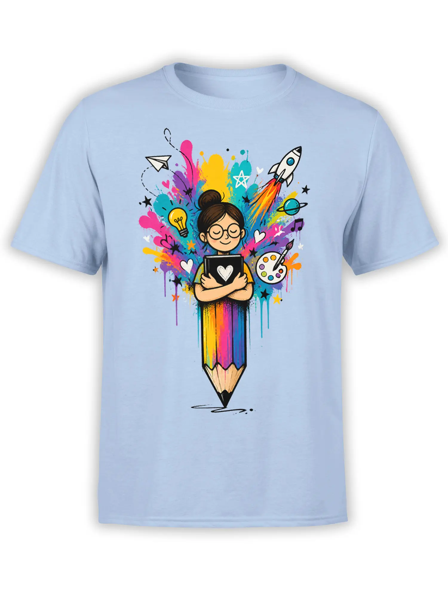 Light blue artist T-shirt with a creative girl holding a sketchbook on a colorful giant pencil