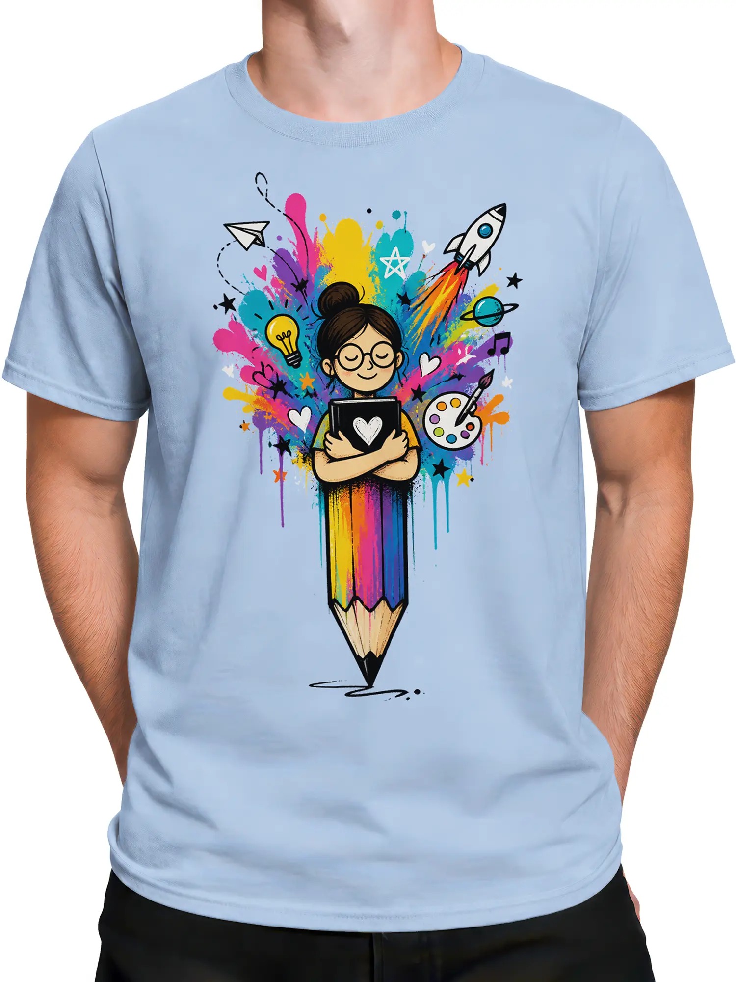 Male torso wearing a light blue creative T-shirt with a colorful artist and space graphic