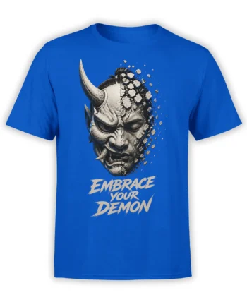 Blue T-shirt featuring a cracked horned demon face and bold “Embrace Your Demon” lettering
