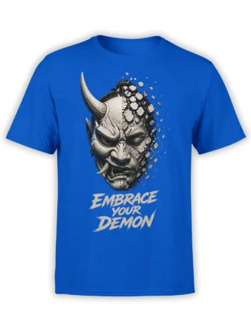 Blue T-shirt featuring a cracked horned demon face and bold “Embrace Your Demon” lettering