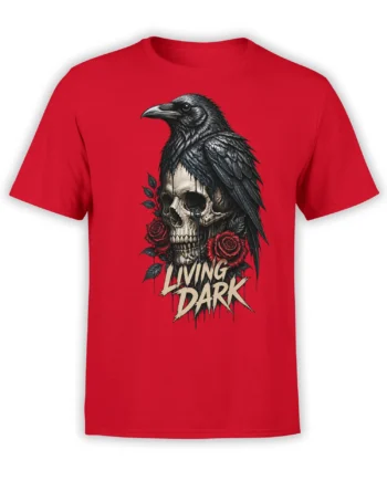 Red T-shirt with a black raven perched over a skull, red roses, and “LIVING DARK” lettering