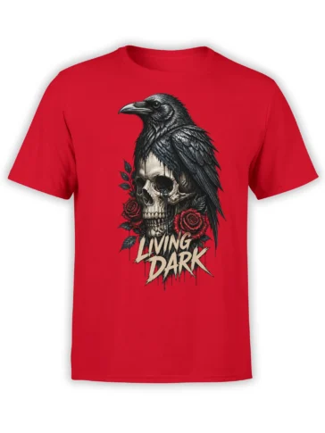Red T-shirt with a black raven perched over a skull, red roses, and “LIVING DARK” lettering